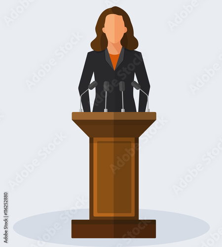 Politician woman standing behind rostrum and giving a speech. Vector flat style colorful illustration