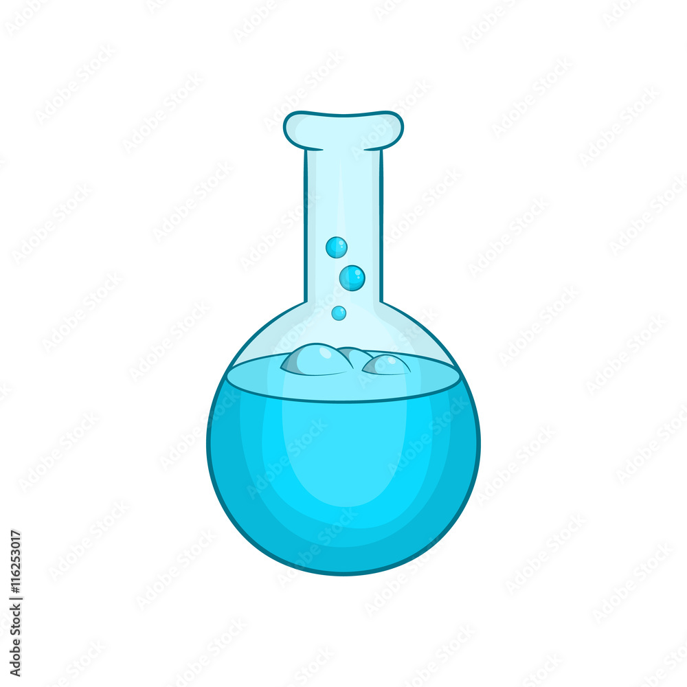 Chemical laboratory flask with blue liquid icon in cartoon style on a white background Chemical laboratory flask with blue liquid icon in cartoon style on a white background