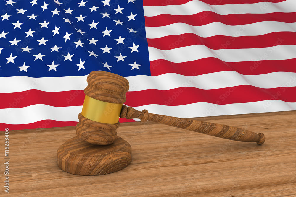 American Law Concept - Flag of the United States Behind Judge's Gavel 3D Illustration