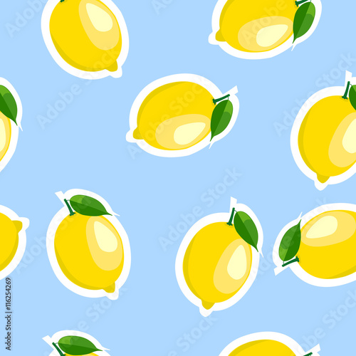 Pattern. lemon and leaves same sizes on blue background.