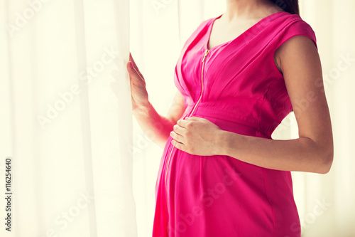 pregnant woman looking through window at home