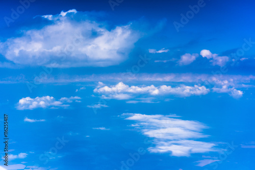Clouds with blue sky high above the ground photo from airplane