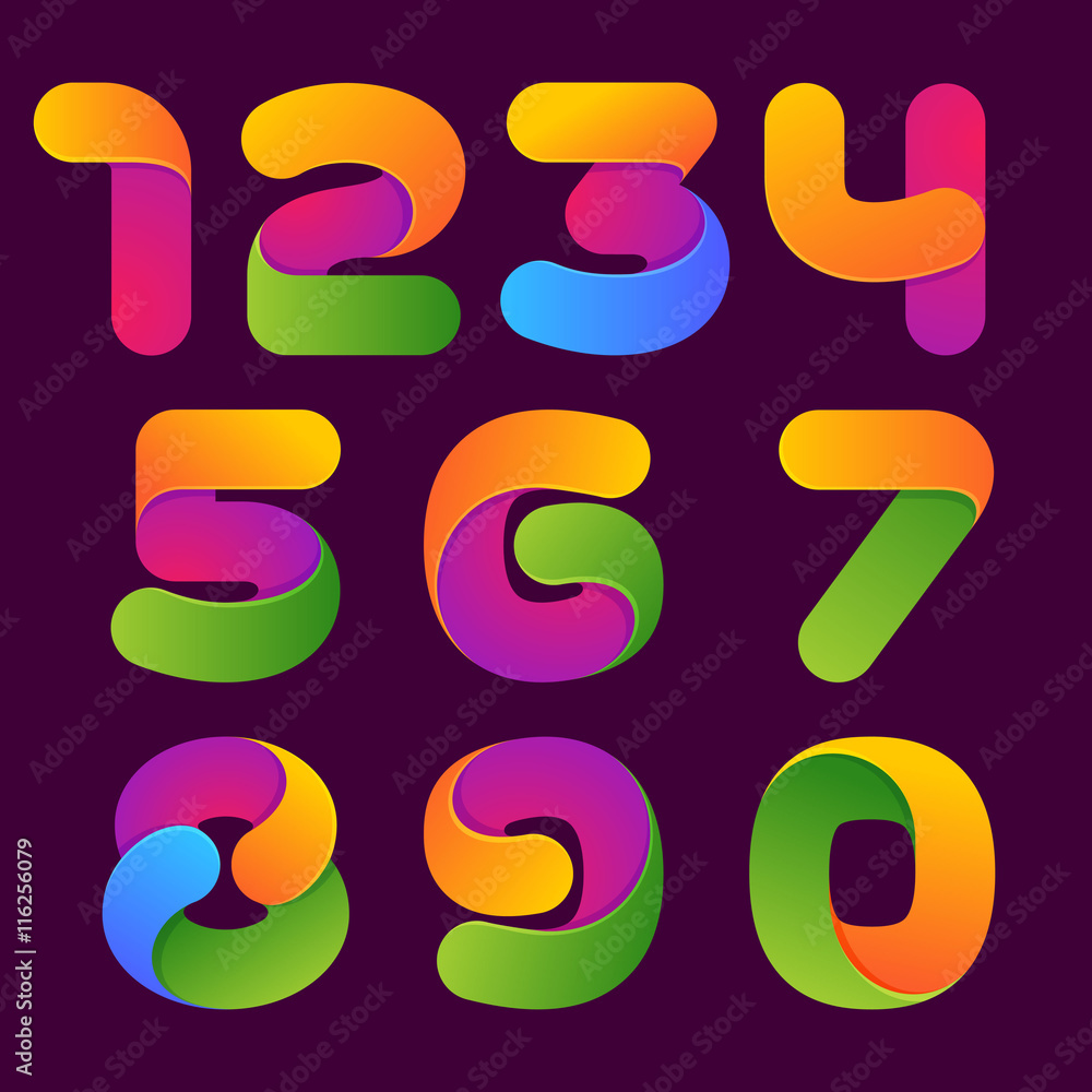 Numbers set logos formed by colorful line.
