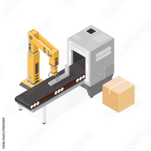 Isometric vector illustration of Robotic Production line engineering Icon.
Industrial Robotic Arm Manufacturing.