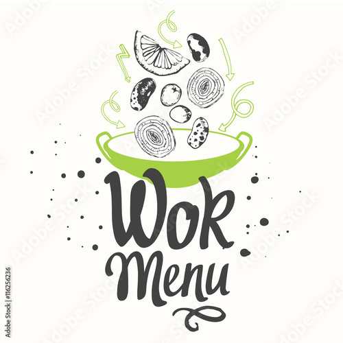 Vector food illustration with wok pan. Asian menu.
