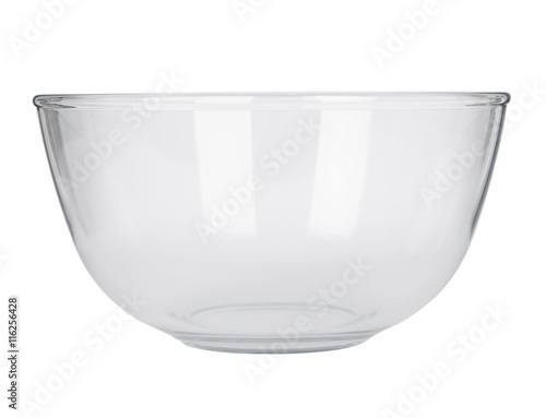 An empty glass mixing bowl isolated on a white background