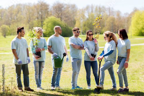group of volunteers with trees and rake in park
