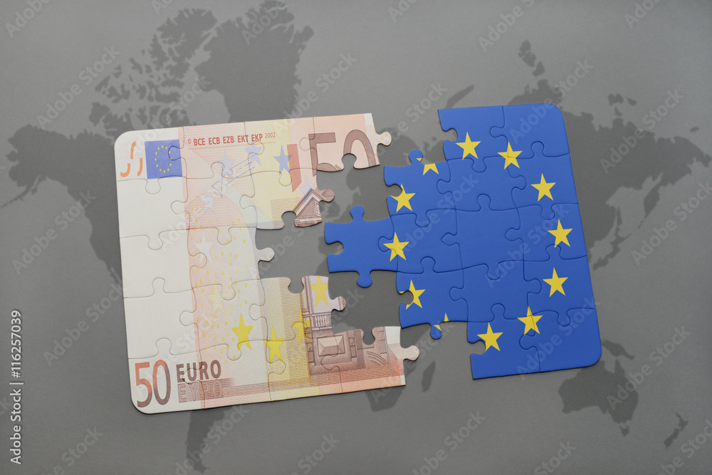 puzzle with the national flag of european union and euro banknote on a ...