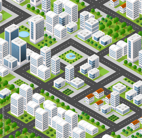 3D isometric city landscape of skyscrapers, houses, gardens and streets in a three-dimensional top view