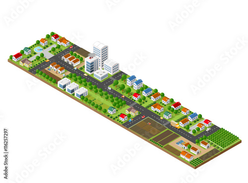 3D isometric city landscape of skyscrapers, houses, gardens and streets in a three-dimensional top view