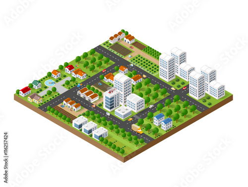 3D isometric city landscape of skyscrapers, houses, gardens and streets in a three-dimensional top view