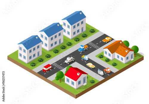 Fototapeta Naklejka Na Ścianę i Meble -  3D isometric landscape of a small town with houses and streets with trees