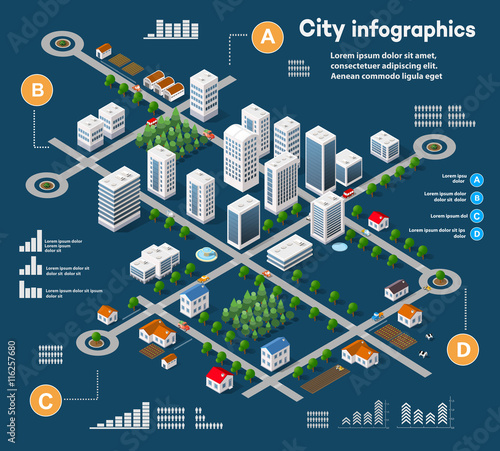 3D city isometric three-dimensional infographics including skyscrapers, homes and stores with streets and trees in the area of the city with the business conceptual graphs and diagrams