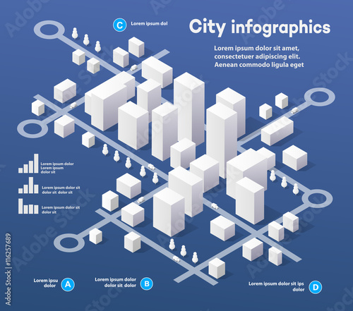 3D city isometric three-dimensional infographics including skyscrapers, homes and stores with streets and trees in the area of the city with the business conceptual graphs and diagrams