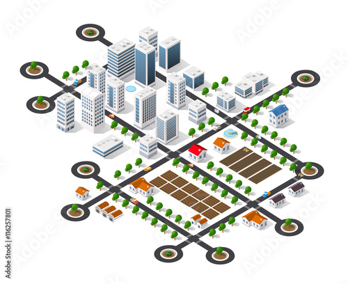 Isometric 3D cityscape view of the top of the house and street trees