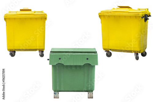 green and yellow dumpsters isolated on white background
