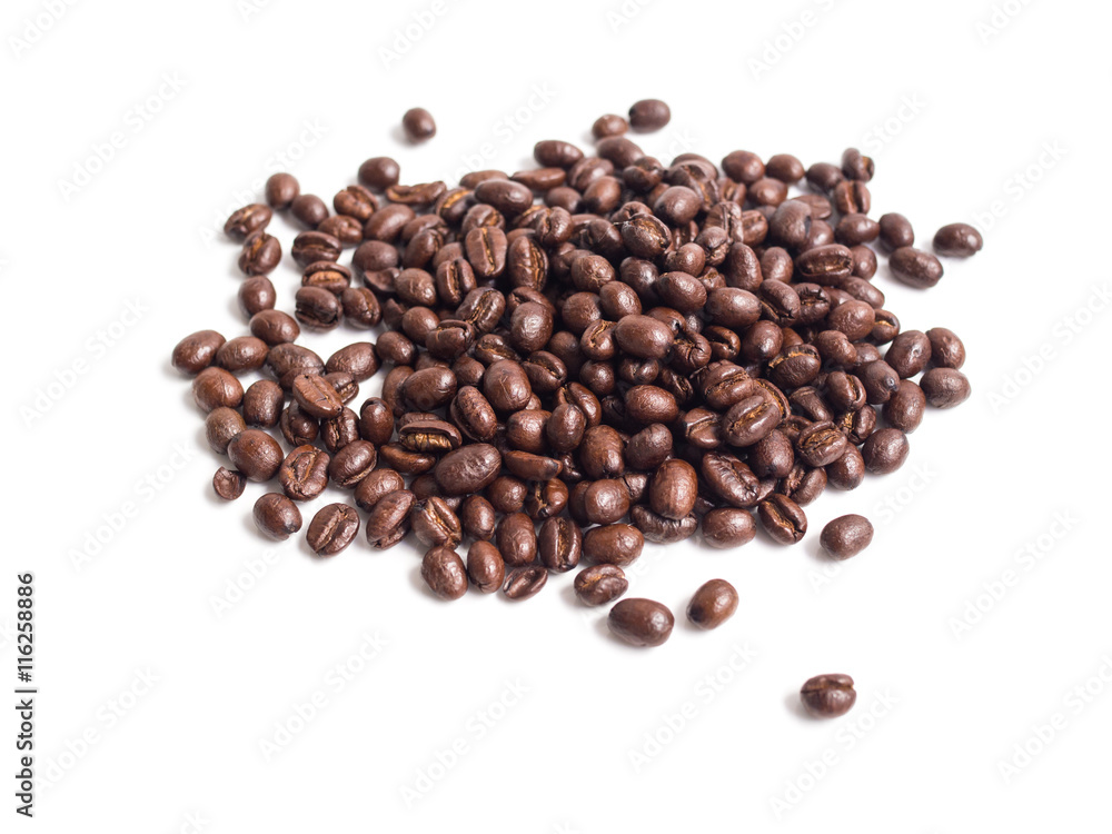 Closeup on dark brown coffee brans isolated on white background Closeup on dark brown coffee brans isolated on white background