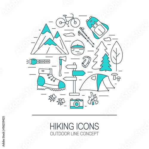 Outdoor concept. Travel and camping linear icons in round shape. Summer tourism items. Can be used for flyers, cards, banners, web or illustrations. Design elements with open paths. © tanyadzu