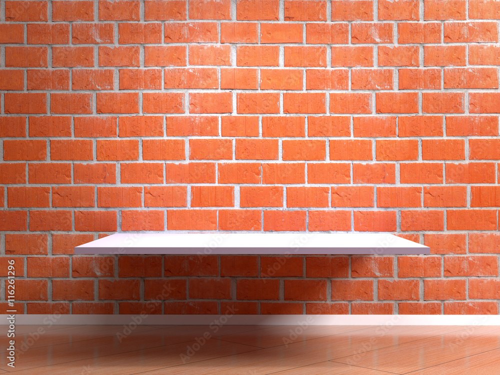 White single shelf for object on red brick wall background and wooden  laminate floor with Light source. Stand or podium in the loft interior with  free copy space. 3d illustration Stock Illustration |