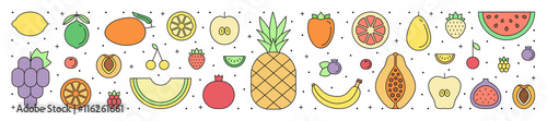 Fototapeta Naklejka Na Ścianę i Meble -  Fruit multicolored horizontal background. Simple outline design.