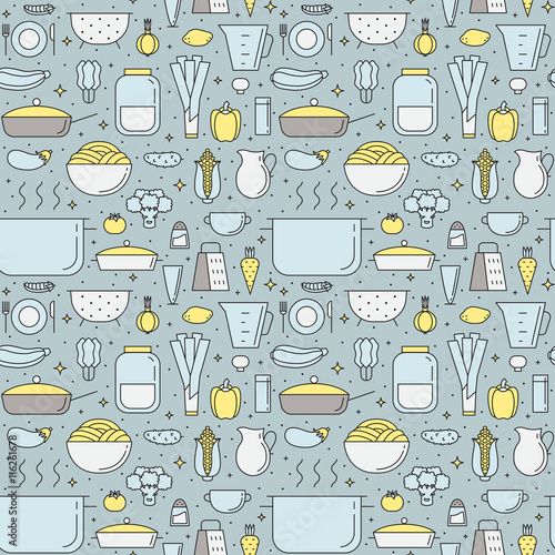 Crockery, food and cooking seamless vector pattern (blue).