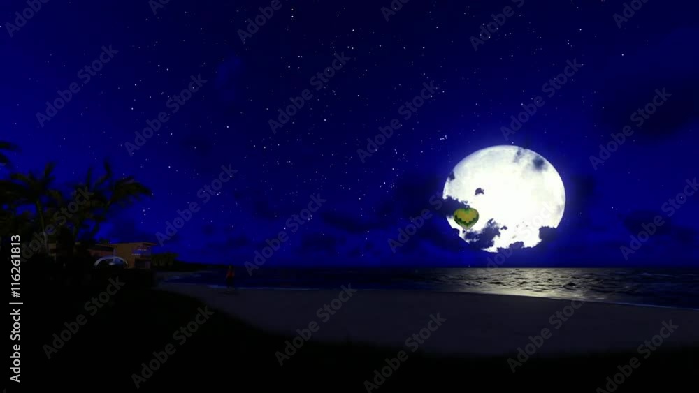 Woman runnin on the beach, air ballon and yacht sailing against full moon, travelling shot Woman runnin on the beach, air ballon and yacht sailing against full moon, travelling shot