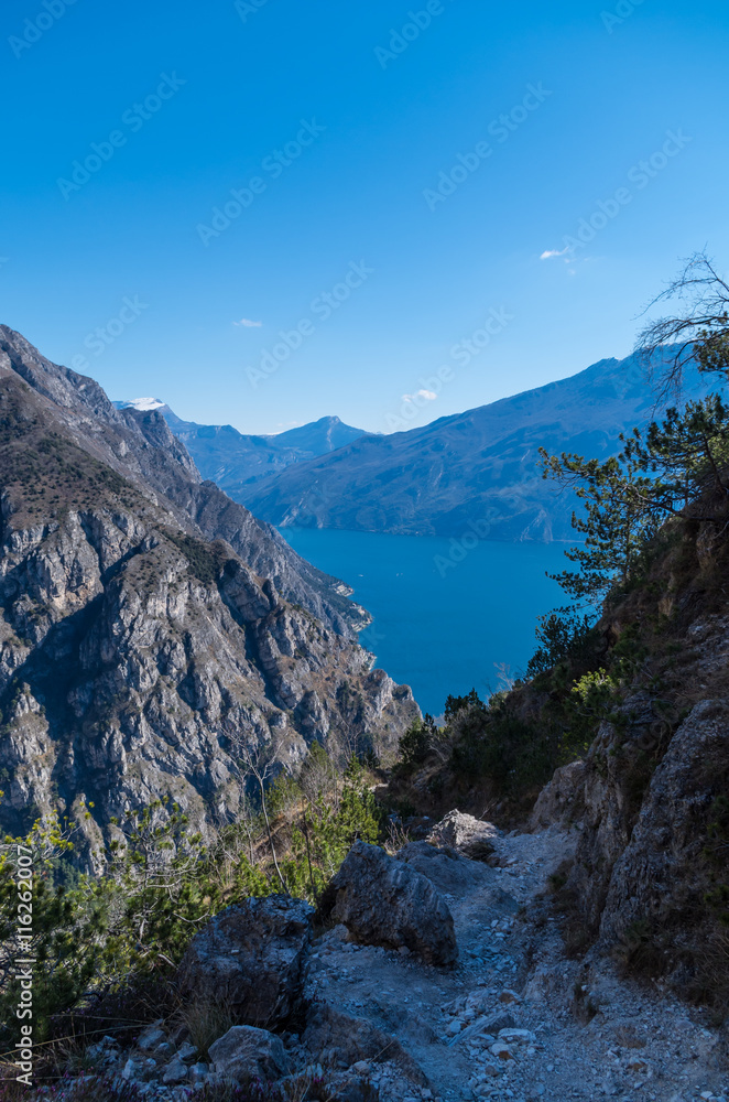 Beautiful view on Lake Garda from the mountainside, Italy