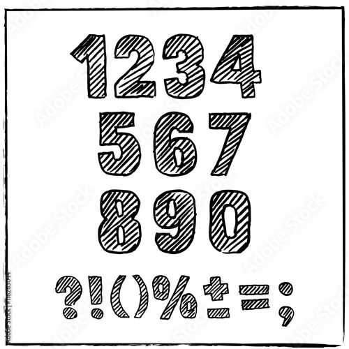 Vector hand drawn sketch numbers and signs. Ink scratched font. Hatching black numeral, isolated on white background. Arabic numerals 0, 1, 2, 3, 4, 5, 6, 7, 8 9