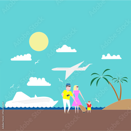 young family on a journey by boat and plane