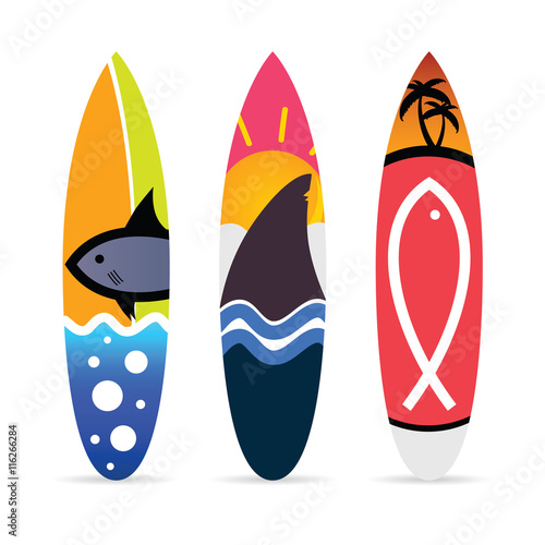 surfboard with fish icon on it set illustration