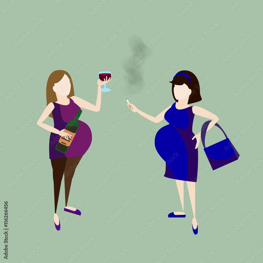 pregnant woman drink alcohol and talk with smoking lady. alcoholism. addicted behavior pregnant woman drink alcohol and talk with smoking lady. alcoholism. addicted behavior