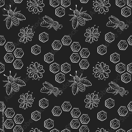Seamless pattern of bees, flowers and honeycomb.