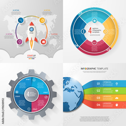 Four infographic templates with 4 steps, options, parts, processes