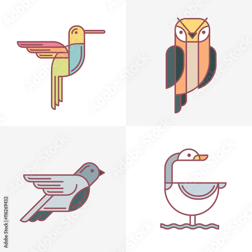 Set of vector birds logo icons. Colorful line birds illustration of hummingbi...