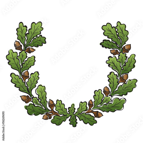 Artistic hand drawn illustration of oak wreath