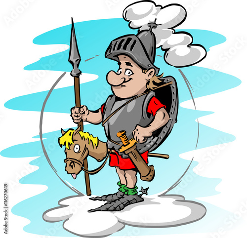 Funny warrior standing on a cloud with a toy horse
