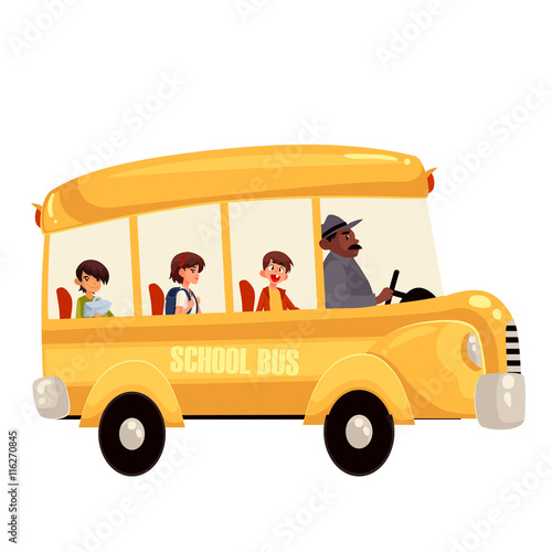 Cartoon vector illustration of happy primary students riding school bus. Traditional yellow schoolbus on the road, driver taking pupils to school trip countryside