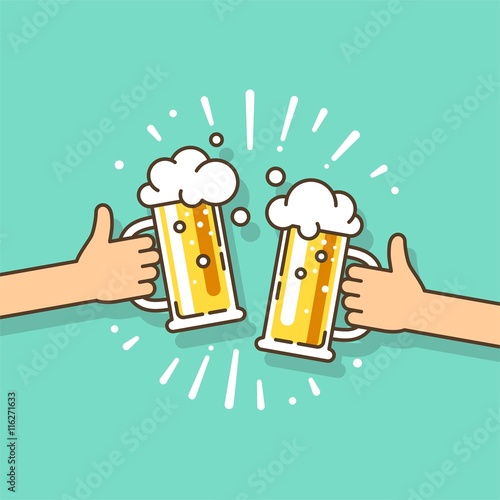 Two hands holding beer glasses with foam. Concept of celebration in pub. Vector illustration in flat design.