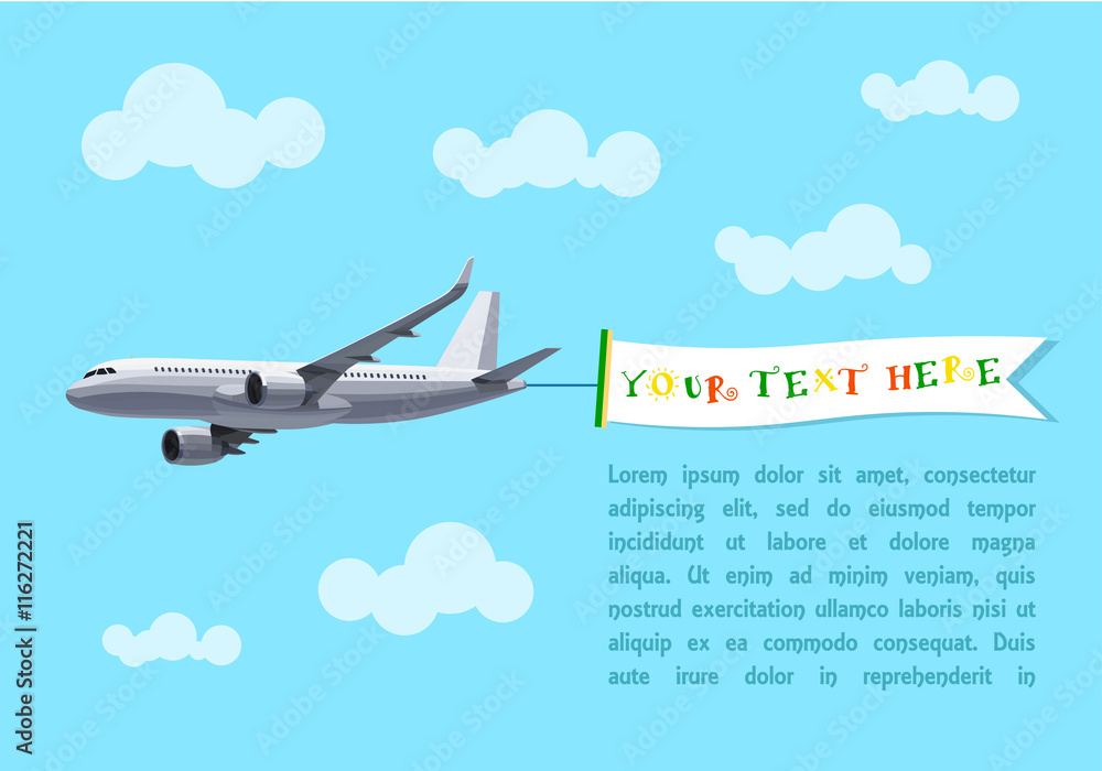 Flying Plane with Banner for Your Text, Advertising, Header. Flat Vector Design. Template Concept for a text web banners or Printable Cards, Postcards