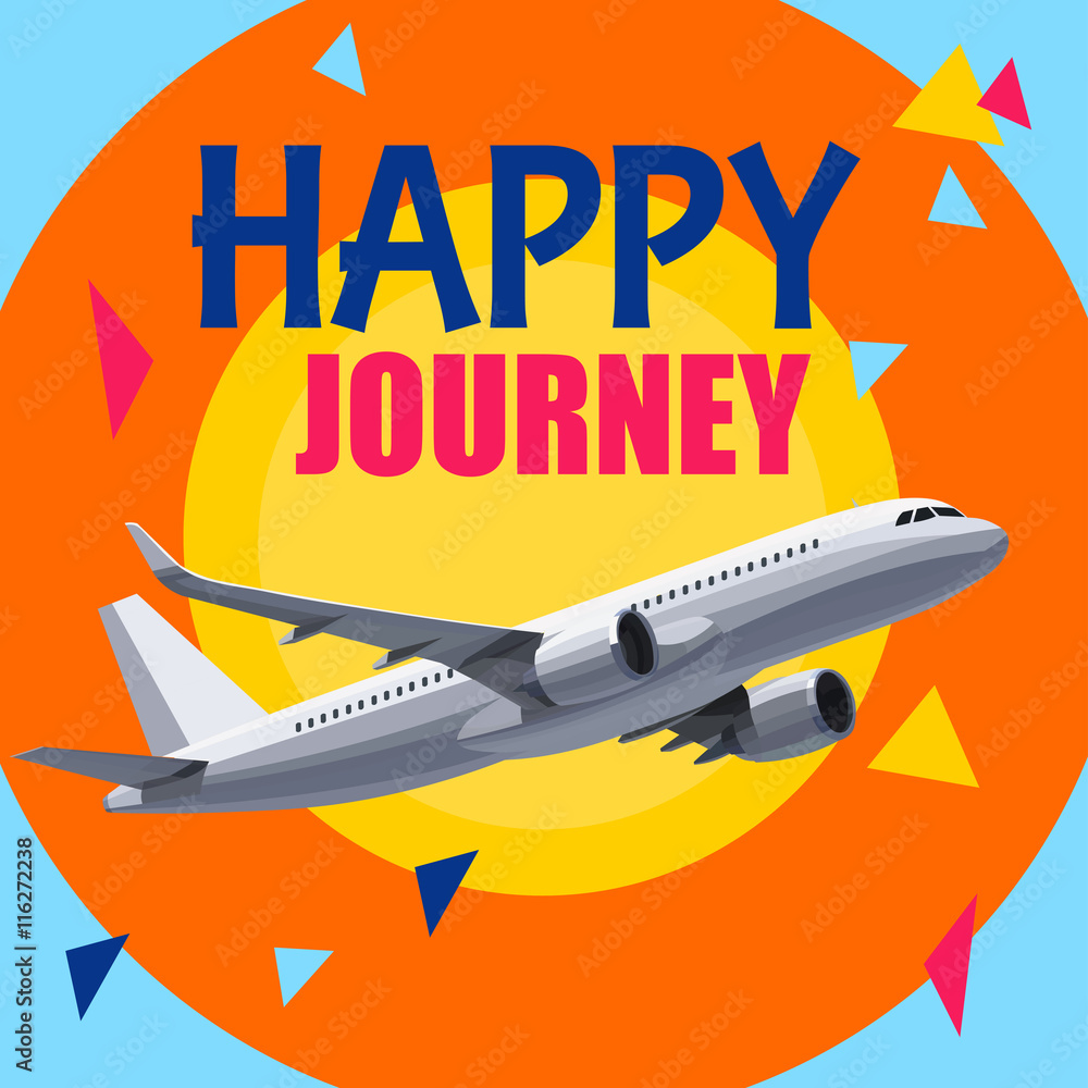 Flying Airplane with Happy Journey Header. Wishes For a Good Trip.Concept For  Travel Company Banner, Poster,Voucher,Ticket,Magazine. Stock Vector