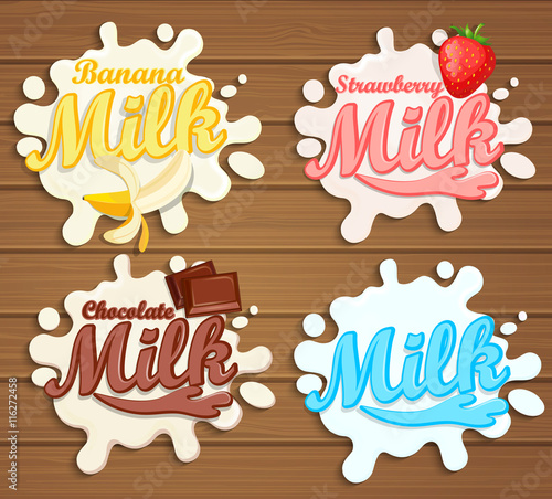 Milk labels splash on wood background.