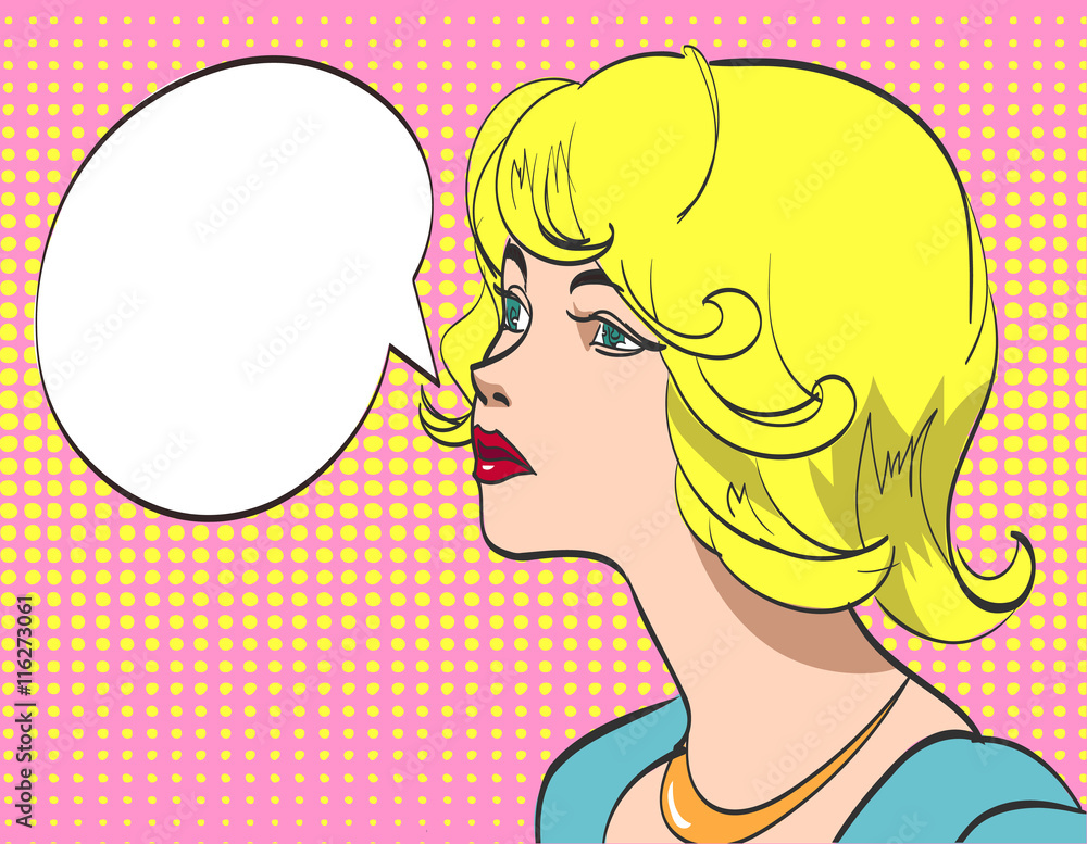 Vector colorful pop art drawing of beautiful woman with speech bubble. eps 10