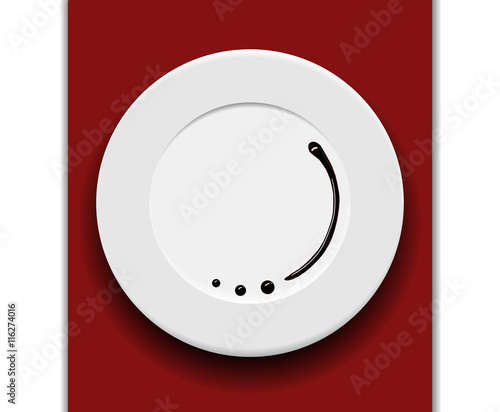 Dish plate decoration. Balsamic glaze garnish stripe of soya sauce on a plate. Vector illustration. Restaurant realistic plate on table