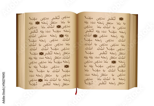 Quran - is a Holy Book of Islamic religion. Islamic scripture. Open book. Isolated illustration. Vector. NOTE: this is NOT Arabic text.