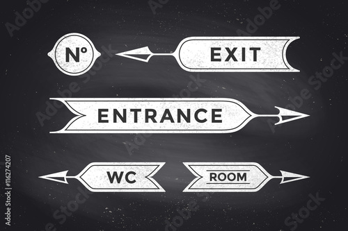 Vintage arrows and banners with inscription Entrance, Exit, Room and WC. Design elements of set arrow for navigation. Retro style arrow on black chalkboard background. Vector Illustration