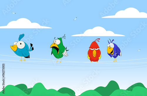 Vector illustration of colorful birds on wires.