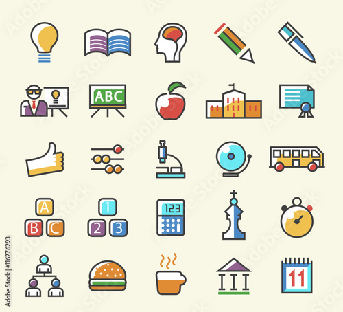 Set of 25 Minimalistic Solid Line Coloured Education Icons. Isolated Vector Elements.