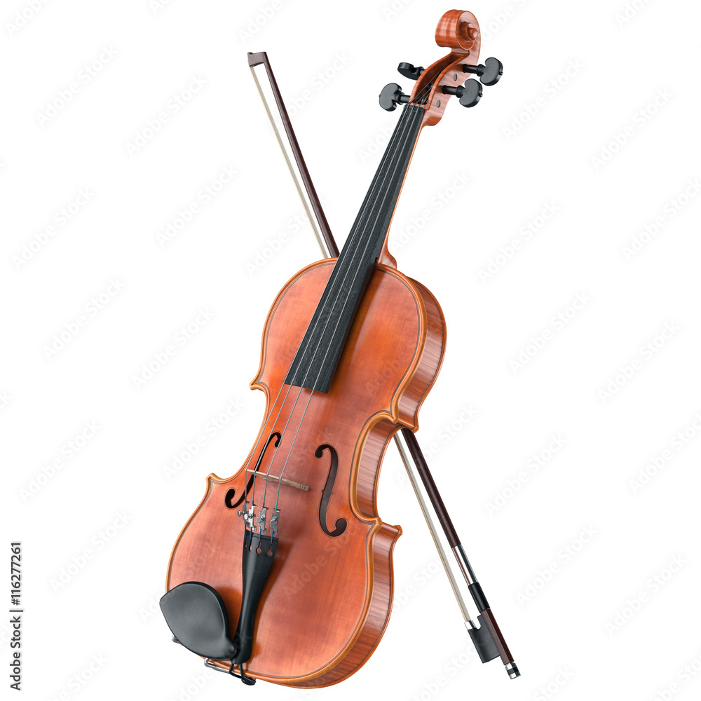 Violin stringed classical musical equipment. 3D graphic - obrazy, fototapety, plakaty 