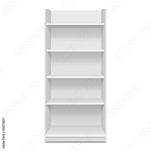 White Cardboard Floor Display Rack For Supermarket Blank Empty Displays With Shelves Products Mock Up On White Background Isolated. Ready For Your Design. Product Packing. Vector EPS10