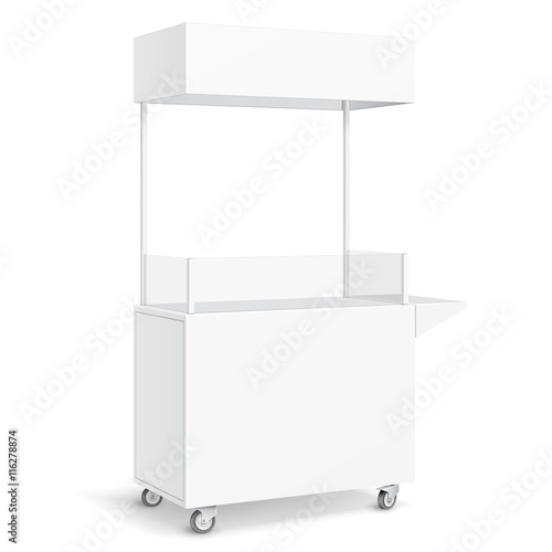 White POS POI Blank Empty Retail Stand Stall Mobile Bar Display With Roof, Canopy, Banner. Fast Food. On White Background Isolated. Mock Up Template Ready For Your Design. Product Packing Vector EPS10
